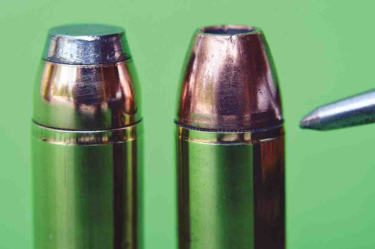 The neckdown crimp essentially forces the case into the crimp cannelure resulting in an L shape crimp. Examples include the Freedom Arms 454 Casull factory (left) and the Winchester 454 Casull factory load (right).